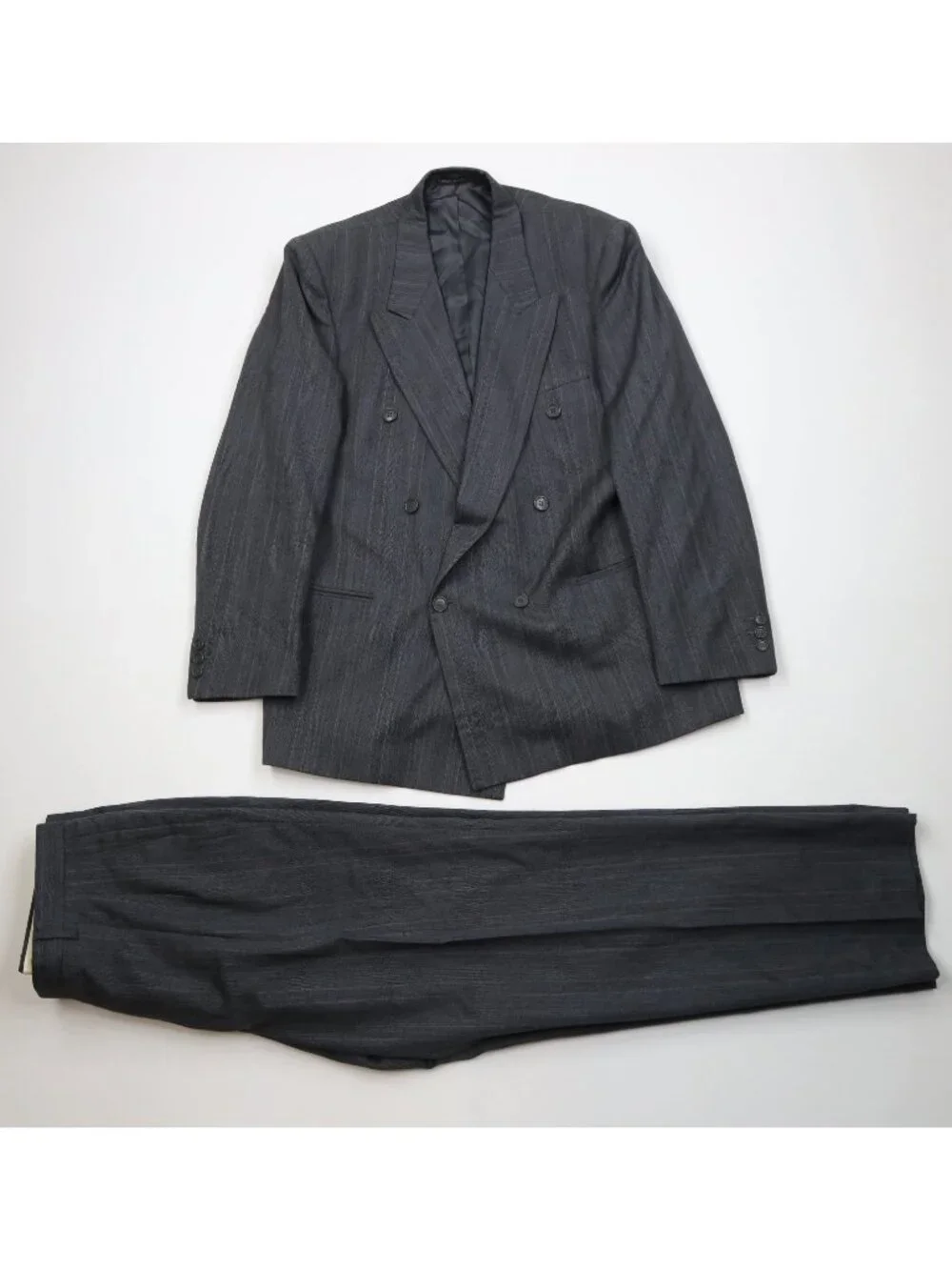 Vtg 80s 90s Mens 44R 2 Piece Wool Double Breasted Suit Striped Wide Leg 38x32